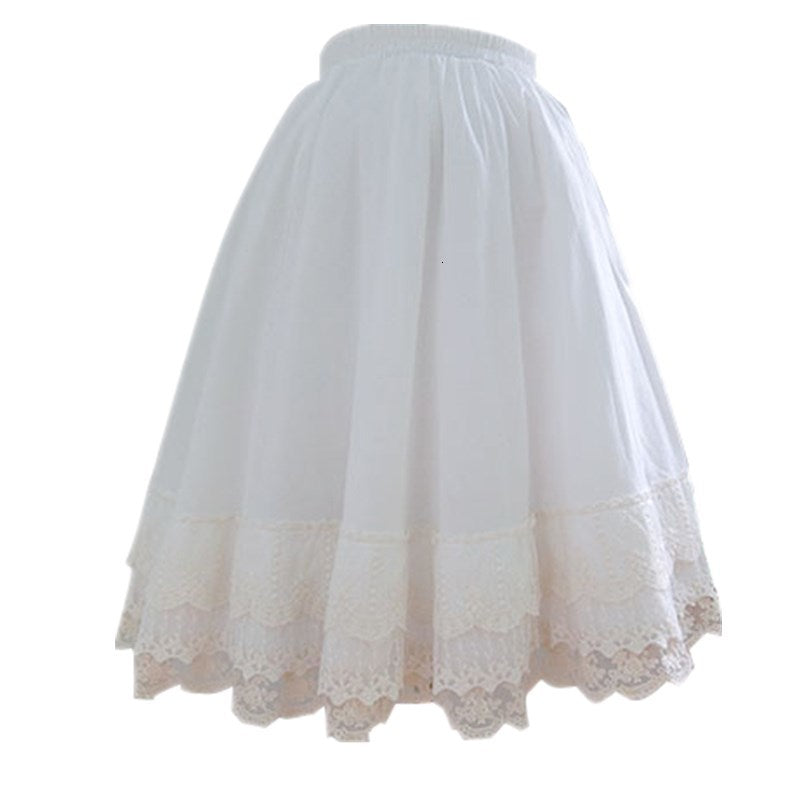 Japanese Retro Women Long Skirt Mori Girl Sweet Vintage Lace Lolita Pleated Underskirt Petticoat Floral White Midi Tutu Skirts
