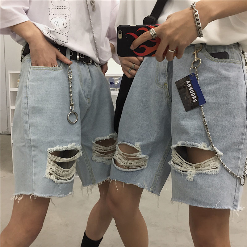 Mens Jeans Youth Popular Korean Ins Solid Color Hole Denim Shorts Summer New Loose Pants Sky Blue