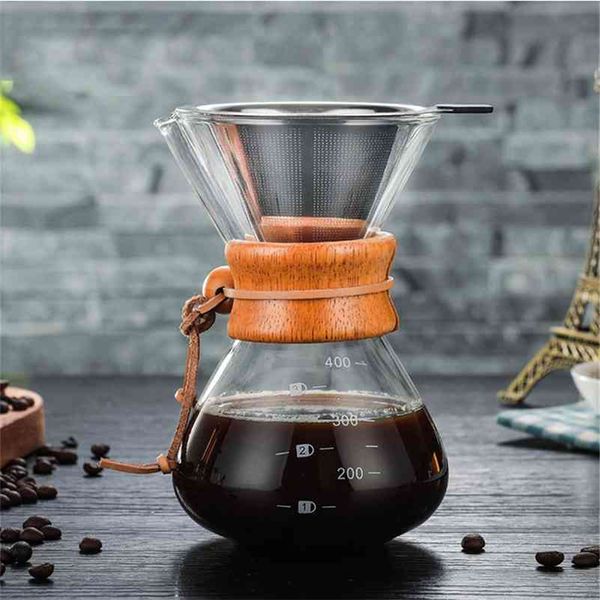 400Ml 600Ml 800Ml Resistant Glass Coffee Kettle Stainless Steel Filter Drip Brewing Hot Brewer Coffee Pot Dripper Barista Pour 210408