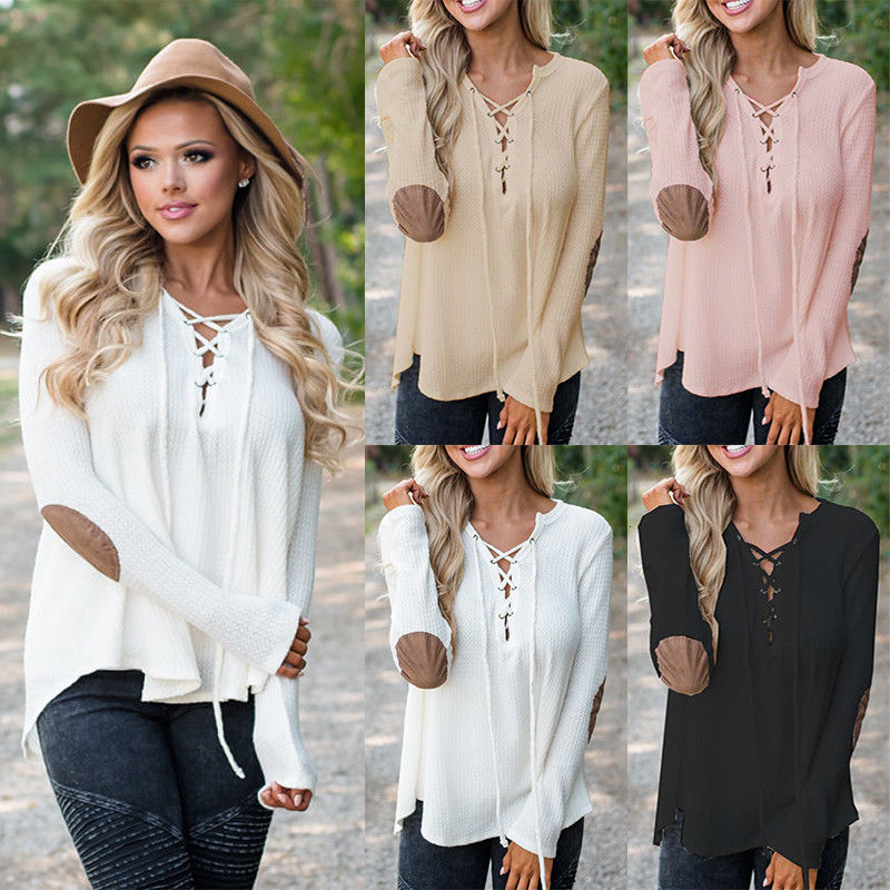 Fashion Women&#039;s Lady V-Neck Bandage Lace Up Blouse Shirts Jumper Top Cotton Casual Loose Long Sleeve Blouses Shirt Tops Clothes