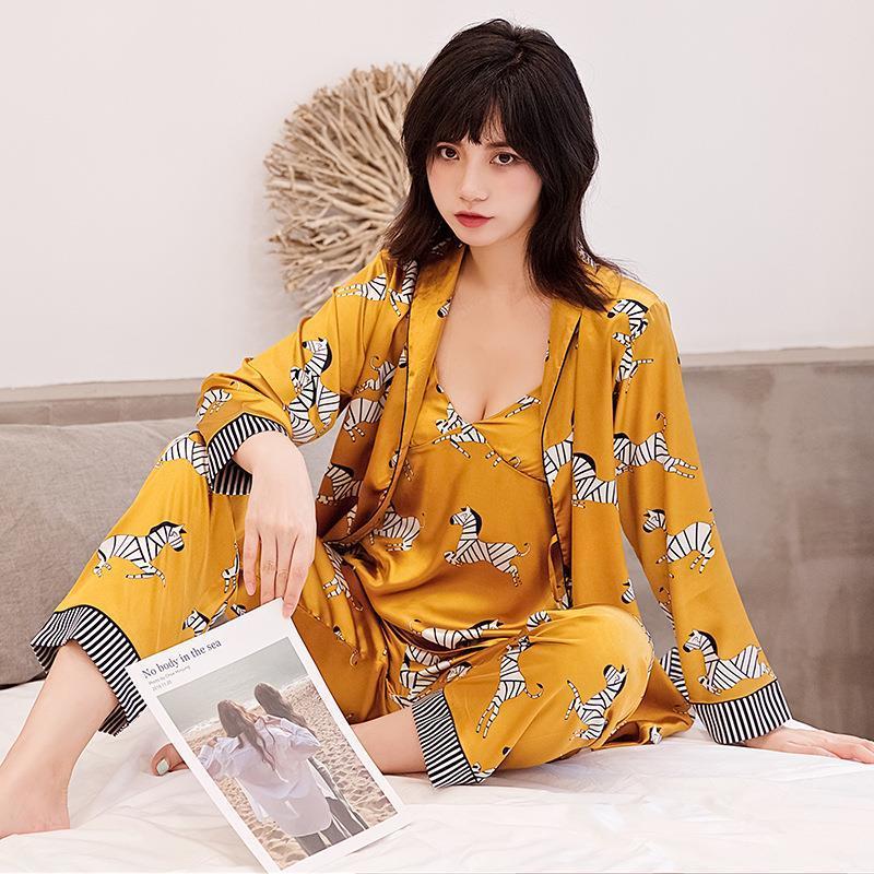 Zebra Women Sleepwear Print 3Pcs Autumn Pajamas Sets Satin Silky Pyjamas Suit Female Sleep Set Loose Home Clothes