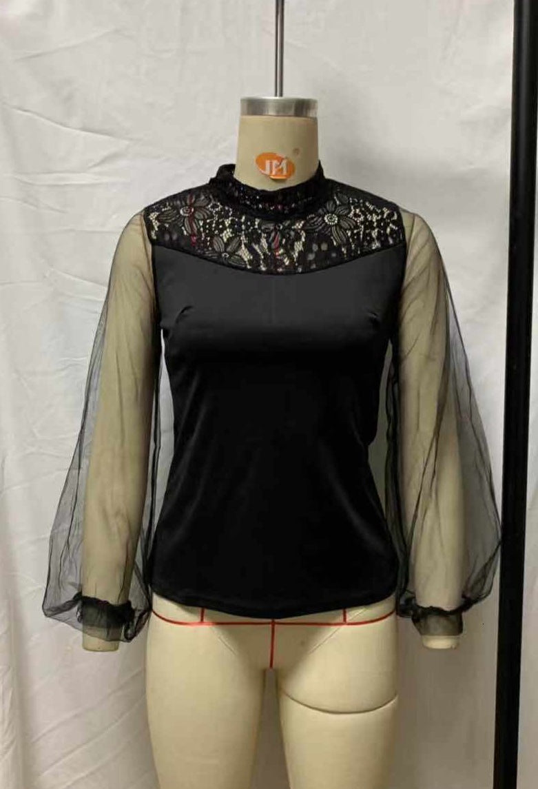 See-through Women Mesh Sheer Blouse Top Shirts Transparent Lace Puff Sleeve Tops Woman Summer Casual Blouses Female Cover Up