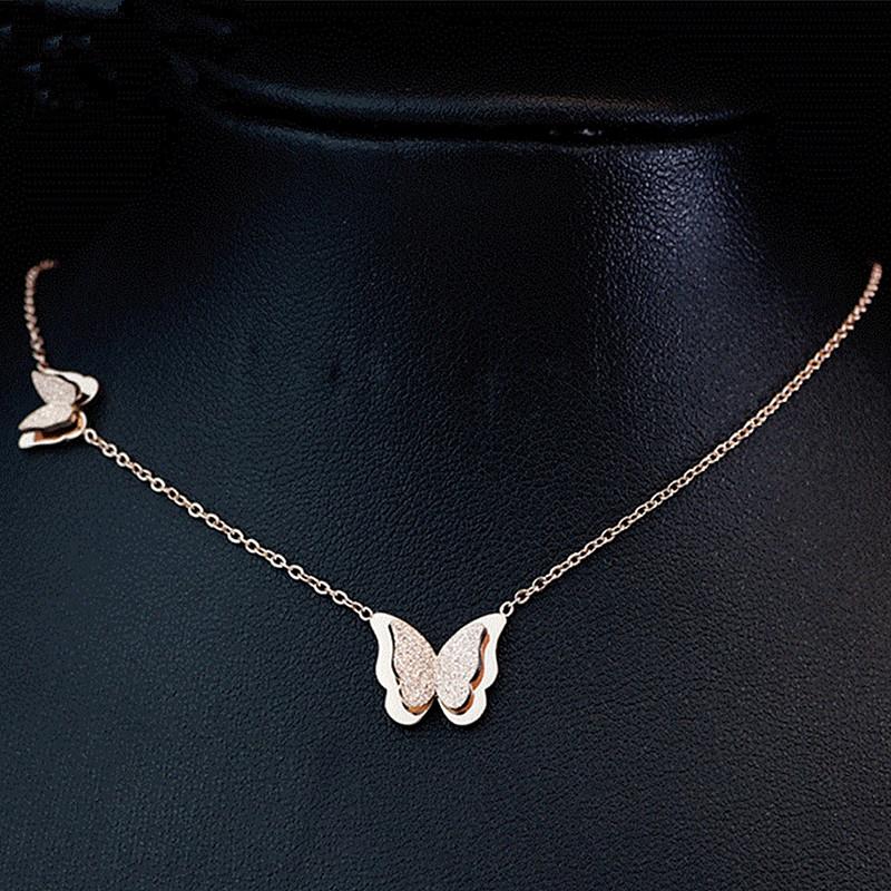 Wholesale Charm Women 3D Double Butterflies Chokers Necklace 3 Colors Stainless Steel Jewelry Gift NE434G
