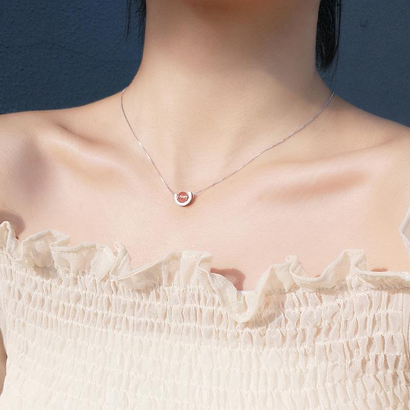 Silver Color Pink Strawberry Crystal Necklace Semicircle Transfer Bead Ball For Woman Fashion Jewelry Chokers