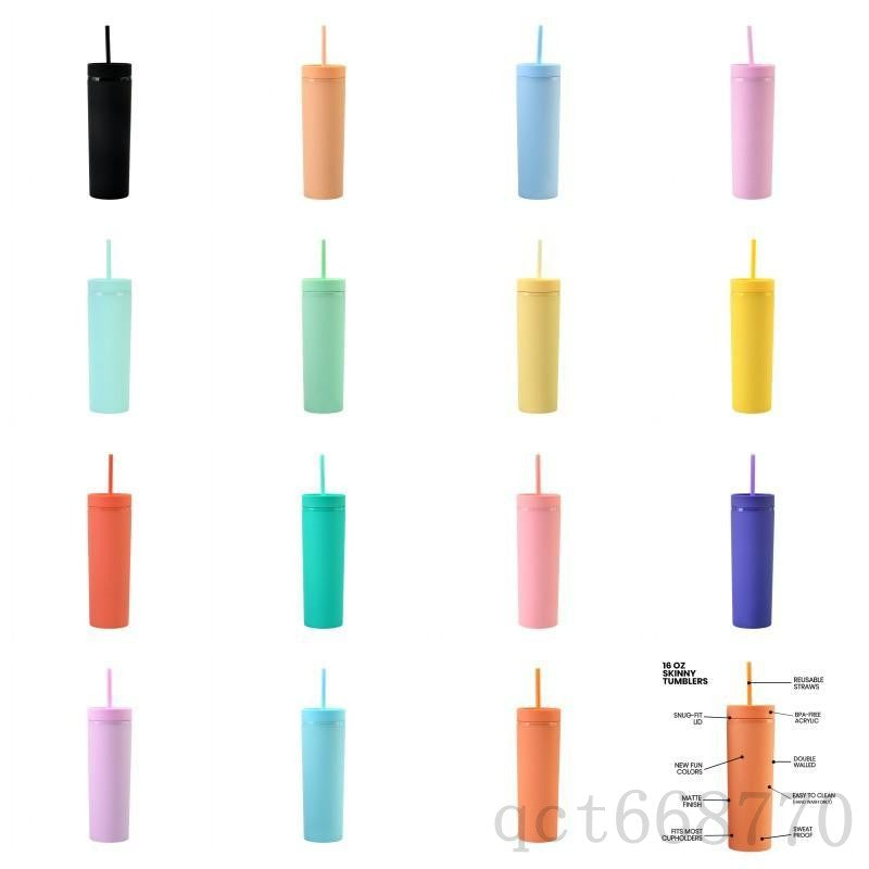 16oz 15 Colors Acrylic Skinny Tumbler With Lid Straws Plastic Tumbler Double Wall Milk Coffee Cups Matte Candy Color Slim Cup Water Bottles For Trav