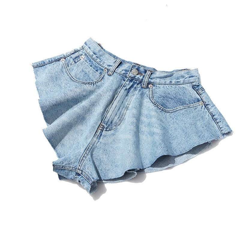 TWOTWINSTYLE Casual Denim Shorts Skirts High Waist Ruffle Hem Loose Ruched Short Pants Female Fashion Clothing Spring Tide 210304