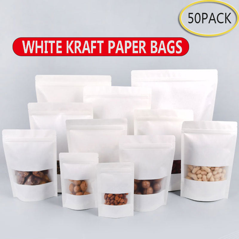 50pcs Food Moisture Barrier Bags white kraft paper bag stand up zip lock for candy dried fruit gift packaging Moisture-proof open window