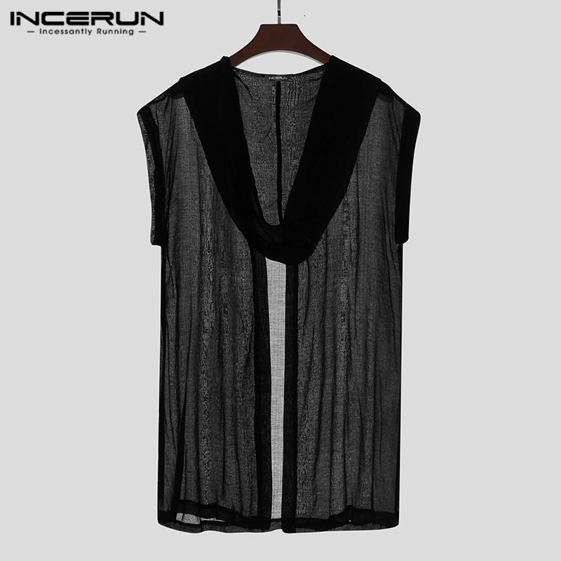 Men&#039;s Fashion Vests Open Stitch Solid Color See Through Streetwear Waistcoat Hooded Men Outerwear Sleeveless Casual Coats INCERUN
