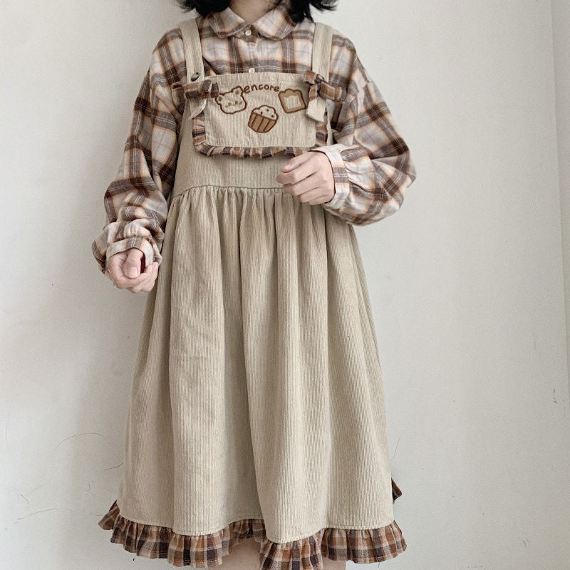 Himifashion Lolita Cute Bear Corduroy Overall Women Girls Vintage Plaid Ruffle Harajuku Casual Kawaii Suspenders es