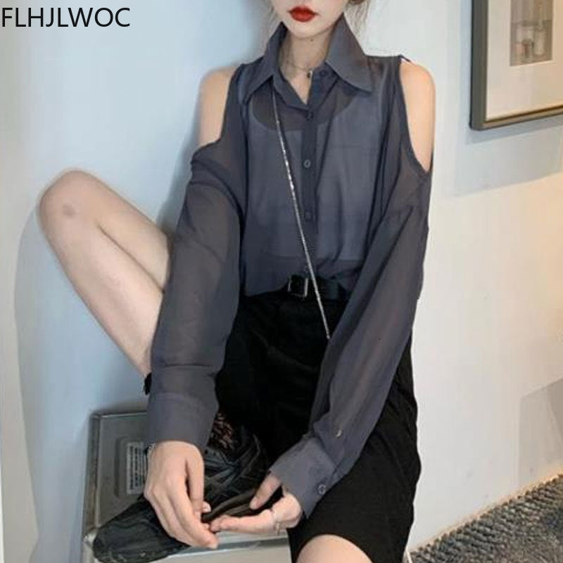 Women&#039;s Blouses & Shirts Thin Summer Plus Size Clothes Women Solid Transparent Sheer Mesh Off Shoulder Tops Single Breasted Button