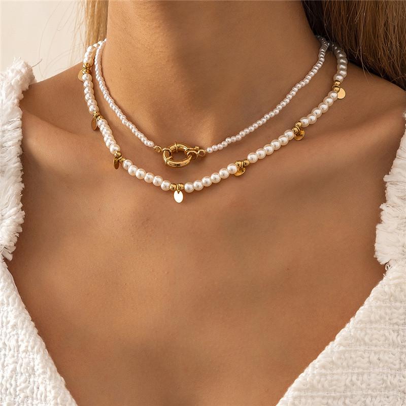 Pendant Necklaces Vintage Pearl Bead Geometric Necklace For Women Girl Gold Color Double Layer Charm Choker Party Jewelry