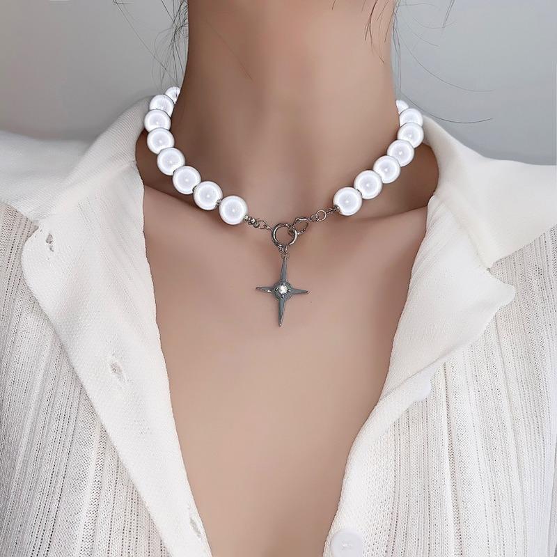 Pendant Necklaces VSnow Unique Design Beaded Reflective Pearl Cross Necklace For Women Girls Toggle Clasp Circle Chokers Jewelry