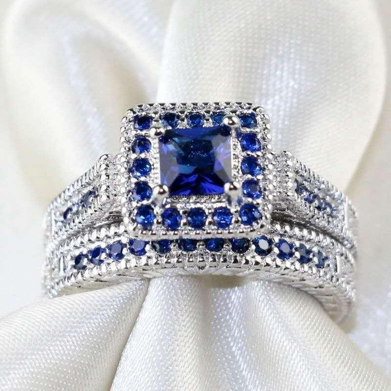 Wedding Rings Fashion Temperament Ladies Micro-inlaid Square Blue Zircon Light Luxury 2-piece Ring Jewellery Whole Sale