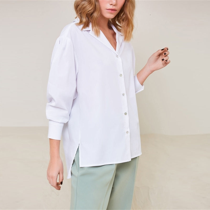 Women&#039;s Blouses & Shirts Woman Casual Puff Sleeves Single Breasted Loose Office Basic Solid Deep v-Neck Short Front Long Back Fash
