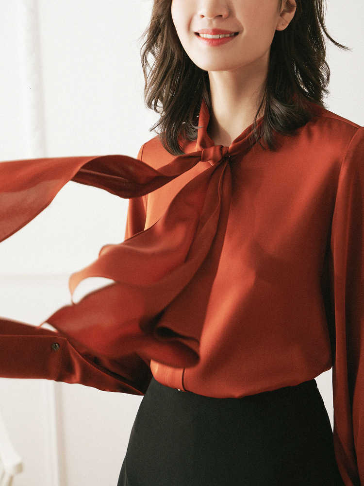 Women&#039;s Blouses & Shirts silk ribbon heavy bow long sleeve shirt mulberry for woman in white red spring 9LGX