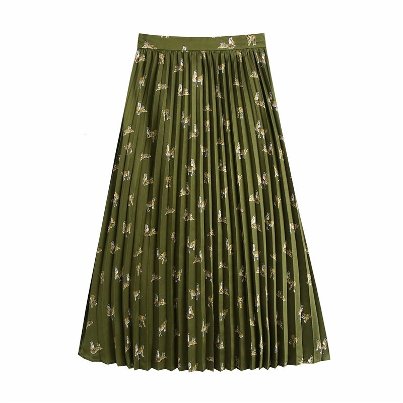 Skirts Streetwear Women Green Satin Long 2021 Fashion Ladies High Waist Skirt Causal Female Chic Print Pleated 2ZK6