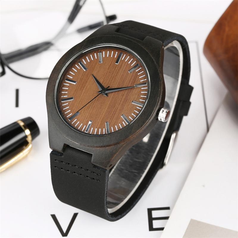 Wristwatches Natural Wood Watch For Men Simple Coffee-Green Dial Genuine Leather Men&#039;s Wristwatch Black Analog Display Wooden Male Watches