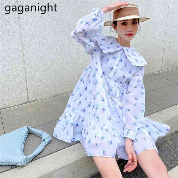 Spring Floral Print Vestidos Puff Sleeve Peter Pan Collar White Mini Dresses Sweet Girls Loose Pleated Robes 210601