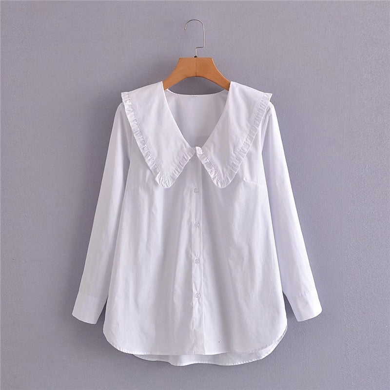 Women&#039;s Blouses & Shirts Women Fashion Ruffles Turn-Down Collar Hm White Cotton Loose Female Casual Long Sleeve Single Breasted To