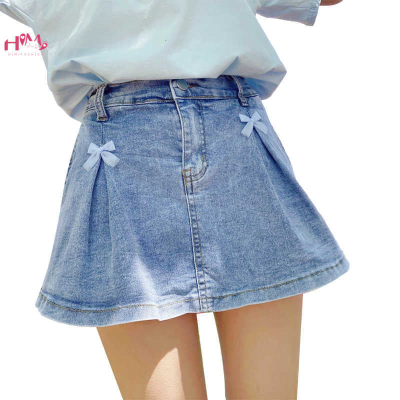 Skirts Summer High-waisted Skorts Women Kawaii Bow Mini Denim Girls Cute Casual Slim Fit Korean Fashion A-line Jean Skirt Shorts H