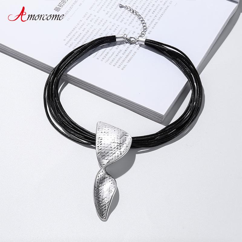 Chokers Amorcome Handmade Bohemian Multi Strand Leather Necklace Irregular Geometric Pendant Choker Necklaces Boho Jewelry Mothers Gift