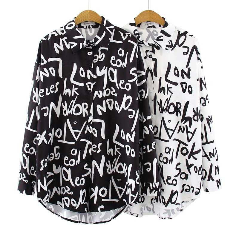 Women&#039;s Blouses & Shirts Graffiti Print Blouse Women Autumn Turn-down Collar Long Sleeve Plus Size Office Elegant Ladies Casual Tops and 18PM