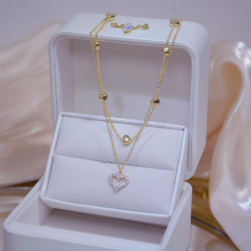 Pendant Necklaces Heart Double Layers Shining Rhinestone Gold Chain Fashion Charm Korean Style Choker Necklace For Women Jewelry