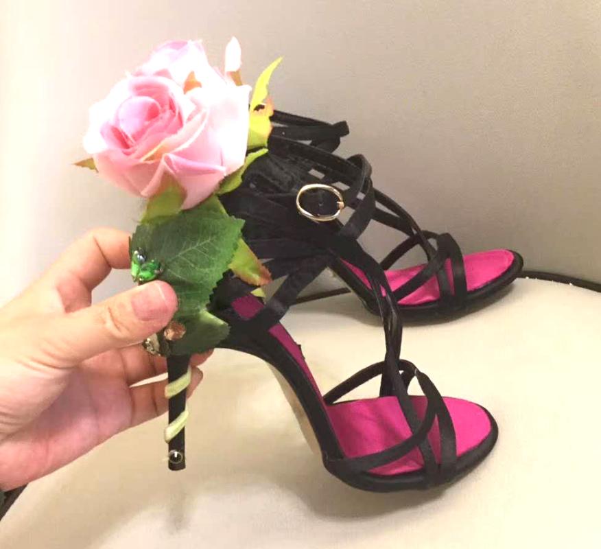 Dress Shoes Summer Beauty Flower Vine Rhinestone Twined Heel Sandals Bridal Satin Strappy Zapatos Women Gladiator Bling Crystal High Heels