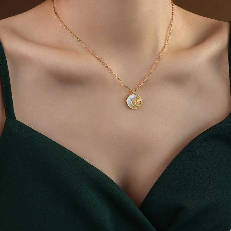 Pendant Necklaces Elegant Gold Color 316L Stainless Steel Camellia For Women, White Round Shell Choker Necklace Woman Neck Chain Jewelry