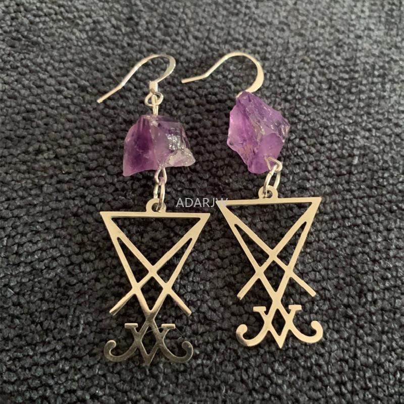 Dangle & Chandelier Natural Purple Crystal Raw Stone Lucifer Sigil Symbol Earring Healing Teardrop Witch Creative Gothic Jewellery Women Gif