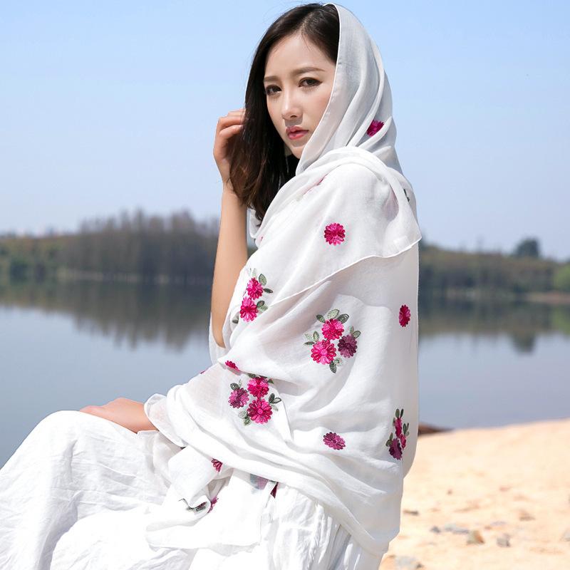 Scarves Flower Embroidered Cotton Scarf Monochrome Warm Shawl WomenAutumn And Winter National Style