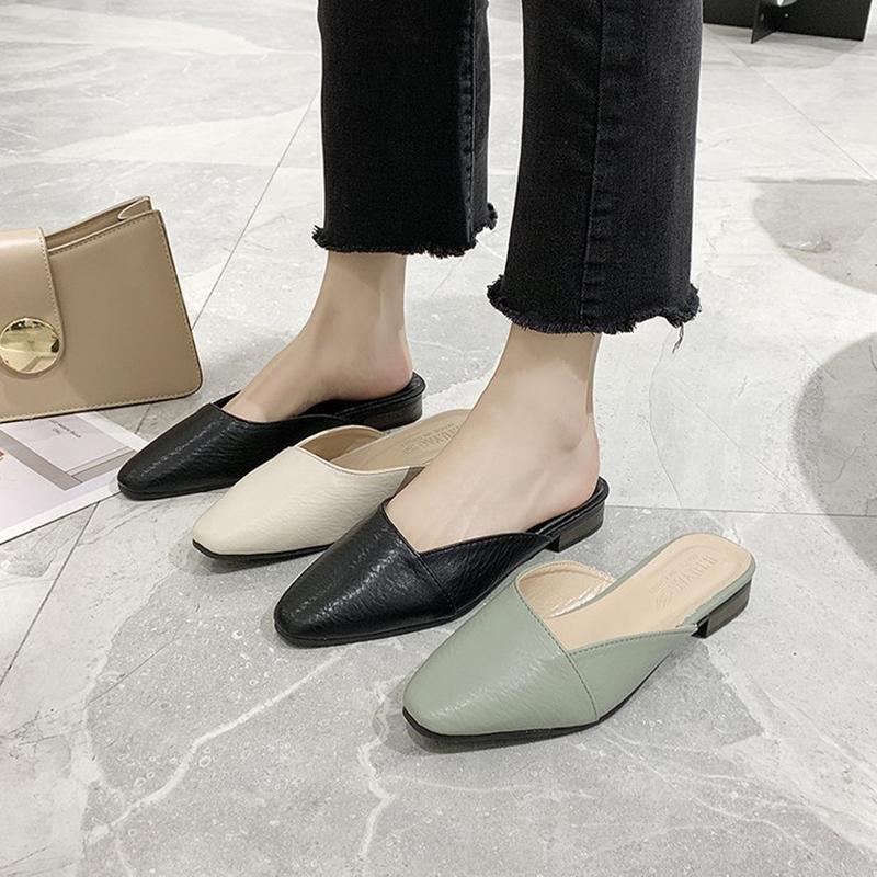Slippers Celebrity Wrinkle Closed Toe Women Flat Heels Mules Slides Candy Sewing Square Ladies Pantufa Outwear 2021