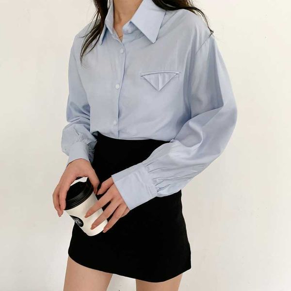 Spring Korean Loose-fitting Shirt Women&#039;s Solid-color Long-sleeved Casual White Turn-down Collar Blouse 210607