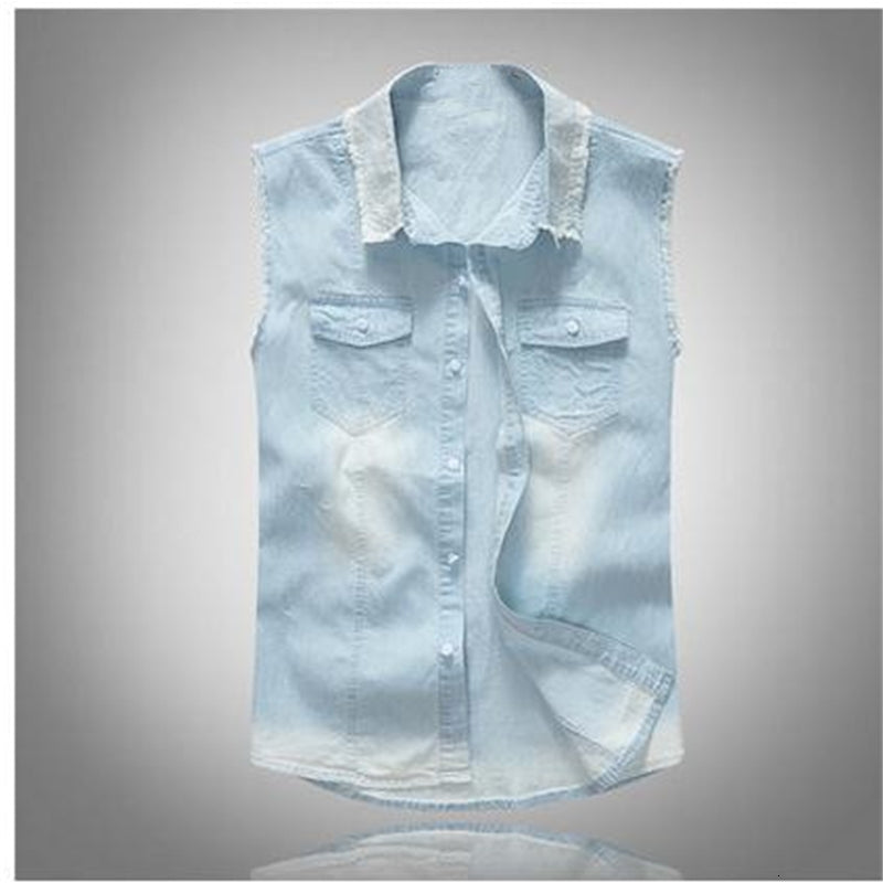 Men's Casual Shirts M-5Xl Male Summer Cowboy Shirt Slim Light Blue Leisure Sleeveless Plus Size Men Jeans Fashion tops And Tees J2
