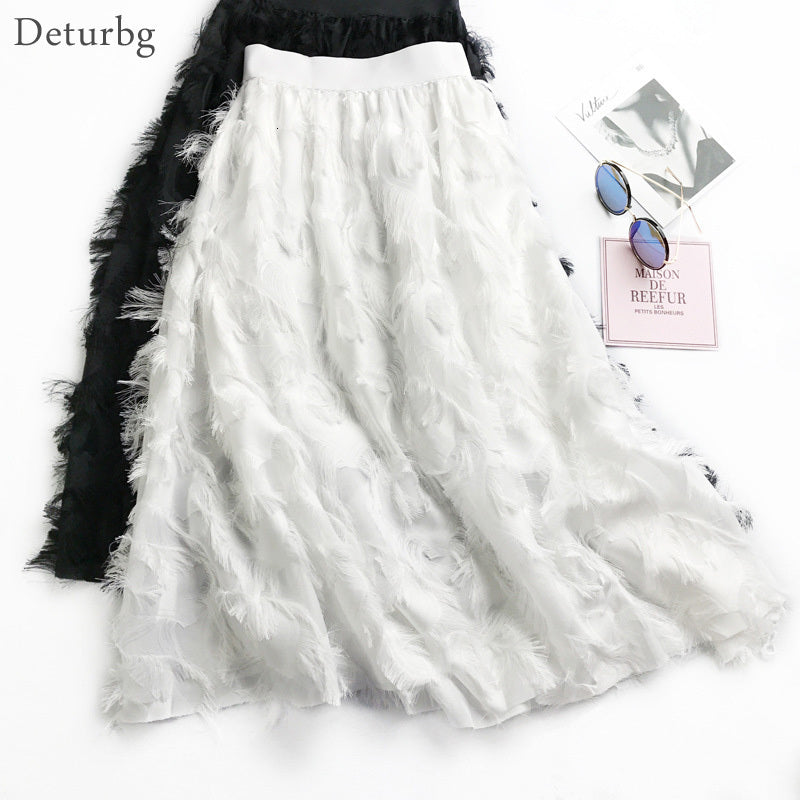 Casual Dresses Women&#039;s Fashion 3D Feathers Tutu Skirt Korean Female High Waist Chiffon Black White Chic A-Line Midi Skirts 2021 Sp