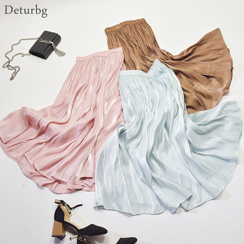 Casual Dresses Korean Womens Fashion Pleated Skirt Female Streetwear High Waist Metallic Harajuku Cotton Midi Skirts Spring SK286