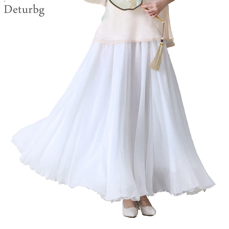 Casual Dresses Korean 3 Layer Chiffon Maxi Skirts Womens Japanese Harajuku High Waist Beach Pleated Long Saias XS-XL Spring Autumn