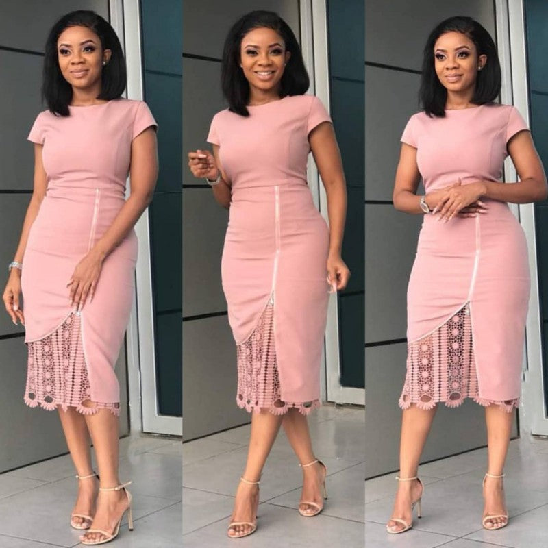 Casual Dresses African Clothes Elegant Pink Women Office Lady Plus Size M-2XL O-Neck Bandage Bodycon Pencil Robe High Quality FN2R