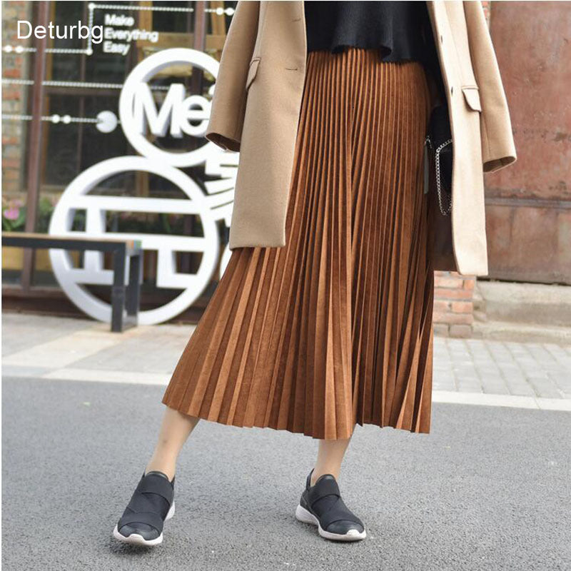Casual Dresses Deturbg Womens Elegant Suede Accordion Pleated Skirt Ladies High-Quality Elastic High Waist Midi Skirts Saias Fashi