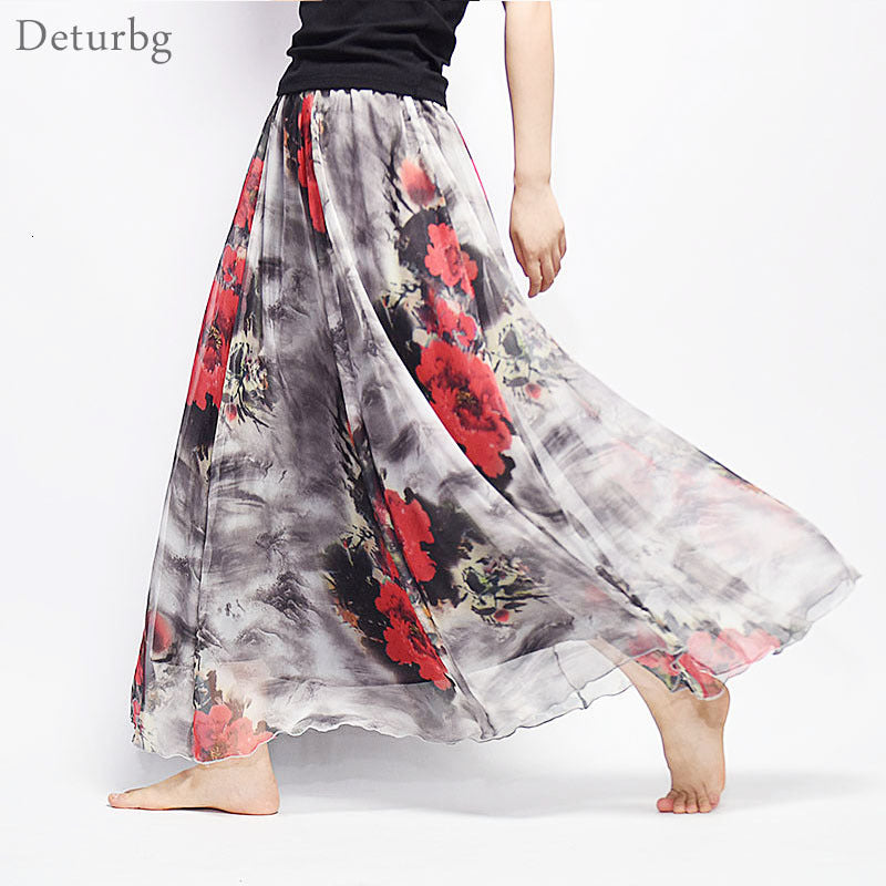 Casual Dresses Women Fashion Florals Print Long Skirt Female Boho Style Elastic High Waist Chiffon Beach Skirts Saias 19 Color Sum