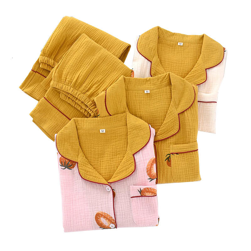 Women&#039;s Sleepwear Spring New Ladies Pajamas Set Sweet Strawberry Printed Women Turn-Down Collar Comfort Gauze Cotton Loose Homewea