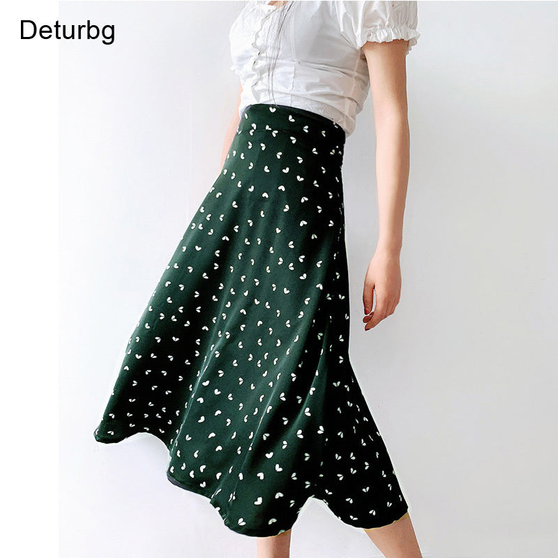 Casual Dresses Women&#039;s Vintage LOVE Print Midi Skirt Korean Female High Waist Side Zipped Drape A-Line Flared Skirts Faldas 2021 S
