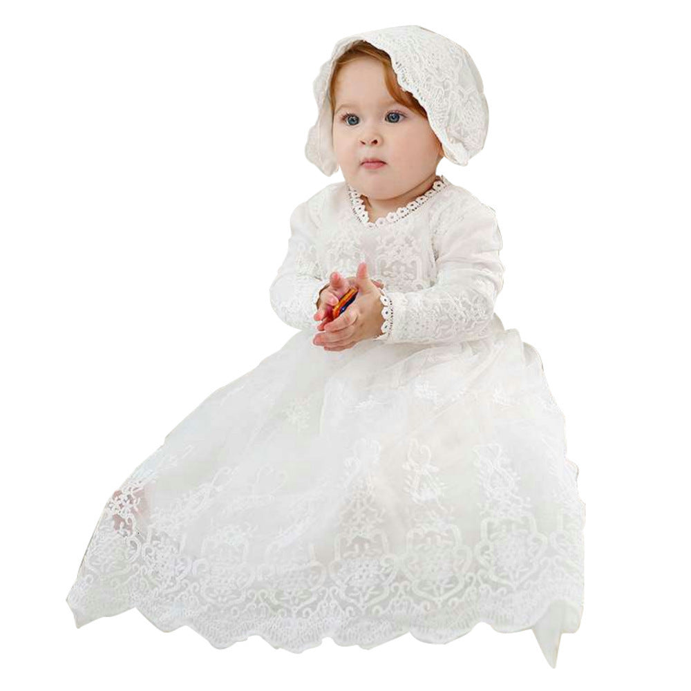 Girl&#039;s Baby Christening Gowns For Toddler Girls Lace Bonnet Long Sleeve White Newborn Infant Baptism Dresses Clothing 3M 6M 12M 2T 1023