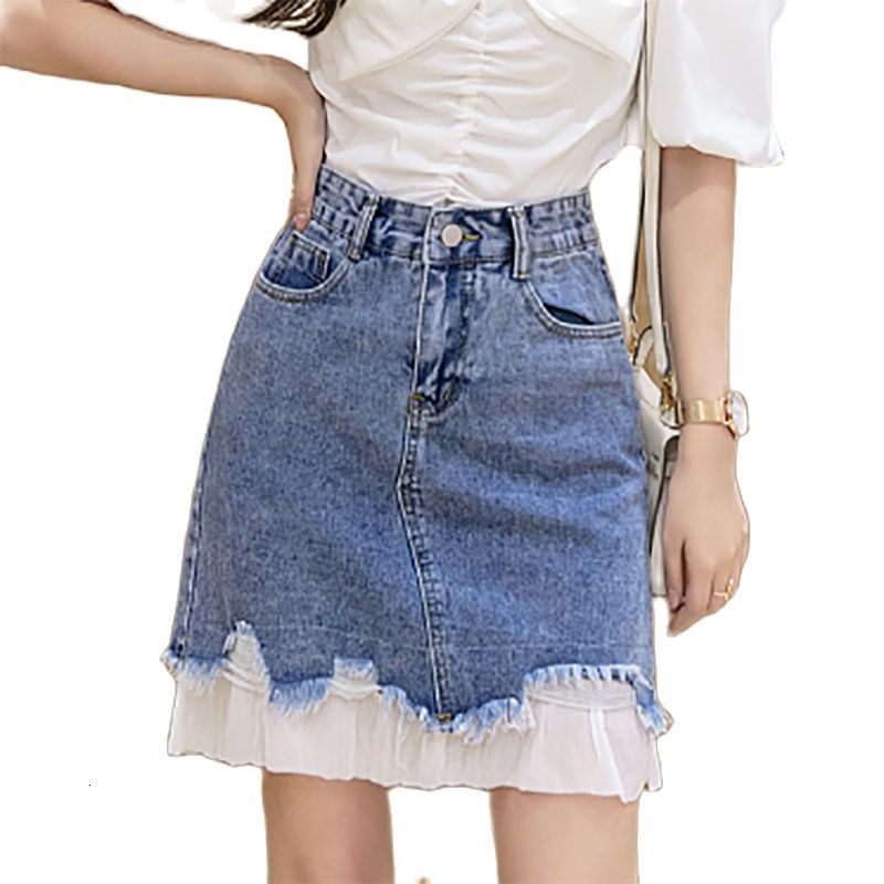 Casual Dresses Hole lace Patchwork Woman Skirts Button Denim Fashion Short Mini A-Line Womens Summer Clothing Jupe En Jean TTHL