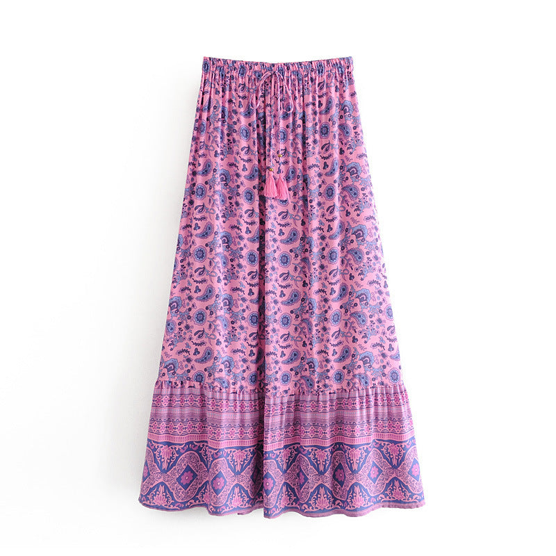 Skirts Purple Print Maxi Women High Waist Floral Bohemian Beach Spring Summer Holiday Seaside Boho Casual Long Skirt VUFU