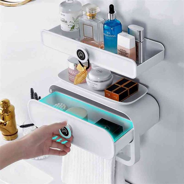 Bathroom Organizer Storage Shelf With Towel Rack Toilet Multifunctional Shampoo Wall Accessories 210423
