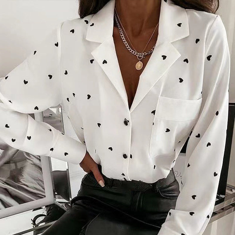 Women&#039;s Blouses & Shirts White Shirt Heart Butterfly Print Long Sleeve Turn Down Collar Women Top Spring Office Lady Pocket Casual