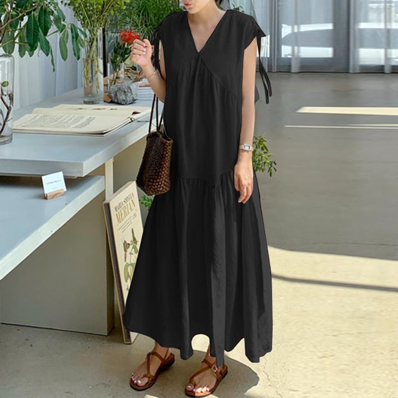 Women&#039;s Blouses & Shirts Fashion Solid Lace Up Dress Vestidos 2021 Summer Maxi ZANZEA Cotton Linen V Neck Robe Party Holiday Belte