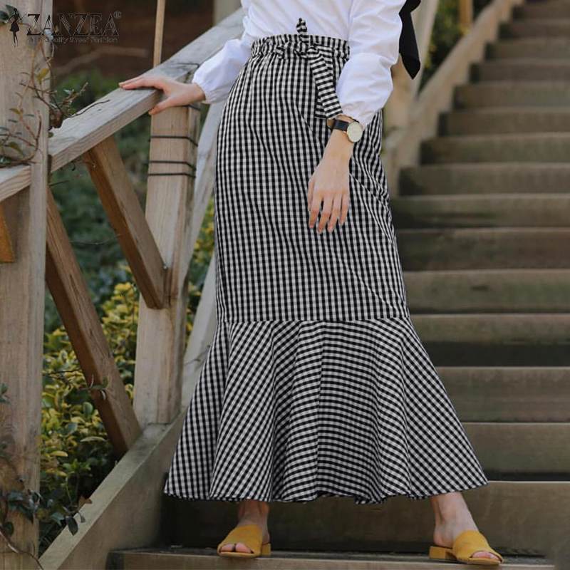 Skirts Women Party Plaid Printed Dress Elegant Casual Fishtail Hem Skirt Side Zipper Ruffle Check Long Plus Size Vestidos XA1A