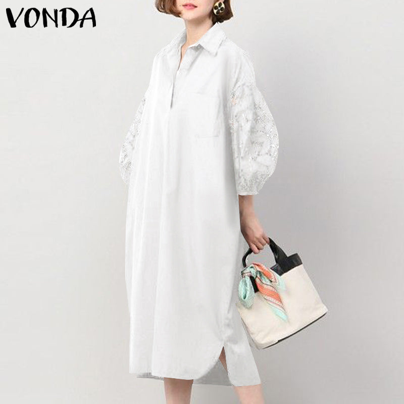 Women&#039;s Blouses & Shirts Spring Sundress Casual Midi Shirt Party Vestidos VONDA 2021 Fashion Women Solid Dress Long Sleeve Lapel P